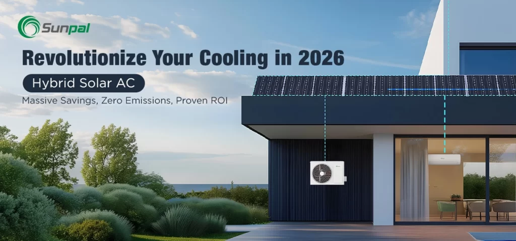 Maison élégante équipée d'un système solaire sur le toit et d'une climatisation murale ; premier plan paysager et ciel bleu ; logo Sunpal visible.