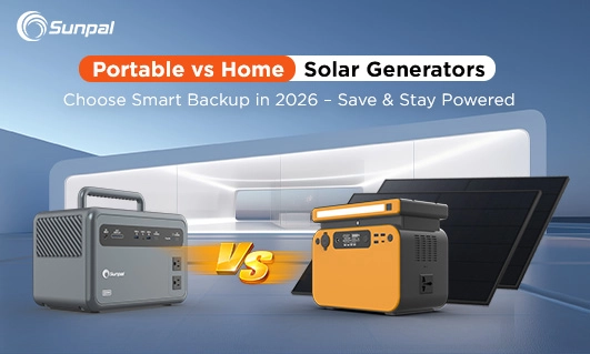 مقارنة جنبًا إلى جنب: مولد شمسي محمول مدمج باللون الرمادي مع مقبض على اليسار، ومولد شمسي منزلي أكبر باللون البرتقالي والرمادي بجانب ألواح شمسية بأسلوب السقف على اليمين؛ خلفية متدرجة زرقاء وبيضاء نظيفة.