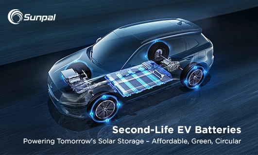 هيكل سيارة كهربائية مع حزمة بطارية مكشوفة ومكونات مجموعة نقل الحركة على خلفية زرقاء متدرجة؛ نص تراكبي يقول “بطاريات السيارات الكهربائية ذات العمر الافتراضي الثاني - تشغيل بطاريات تخزين الطاقة الشمسية في الغد: ميسورة التكلفة وخضراء ودائرية.”