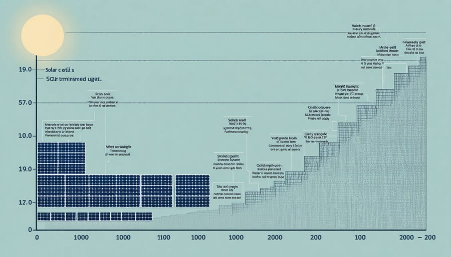Graphique linéaire montrant les progrès de l'efficacité solaire avec des blocs de panneaux solaires le long de la ligne temporelle et une icône de soleil brillant dans le coin supérieur gauche.