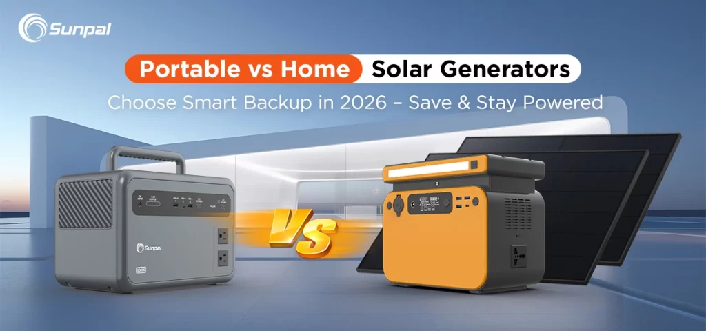 À gauche : générateur solaire portable à main ; à droite : unité domestique stationnaire associée à des panneaux solaires — les deux sont placés sur un dégradé bleu-blanc doux, contrastant visuellement la mobilité et la capacité.