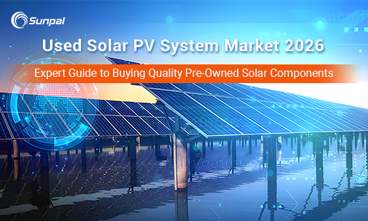 Un cartel con paneles solares en tejados sobre el agua y el logo de Sunpal, con el titular “Mercado de Sistemas de PV Solar Usados 2026”.”