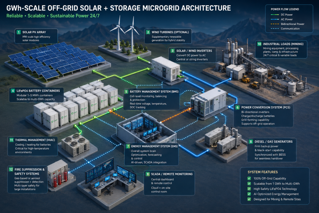 Diagram of a GWh-scale off-grid solar and storage microgrid.
