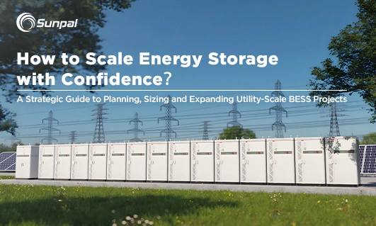 Large utility-scale battery storage system beside solar panels.