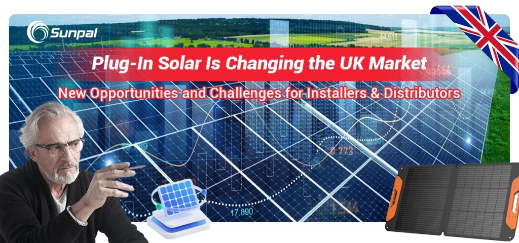 UK solar panel graphic with market data and a portable solar unit.