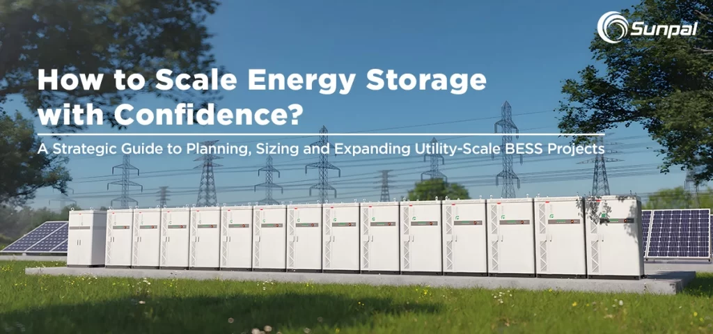 Row of utility-scale battery containers in a power storage site.
