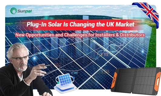 Solar panels with a UK flag and an illustrated man in the foreground.