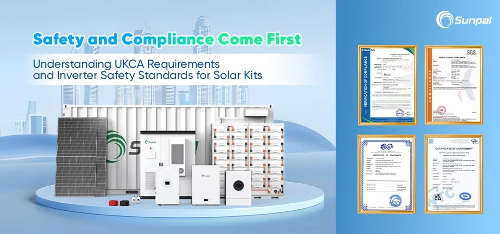 Solar equipment displayed with certification documents on a blue background.
