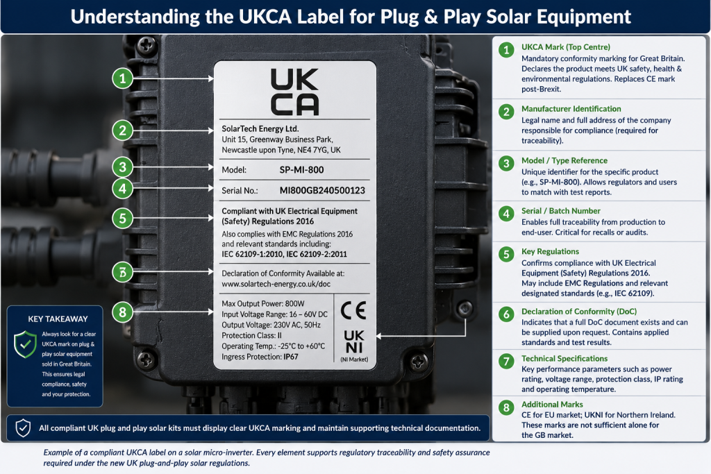 Diagram showing a UKCA compliance label on a plug-and-play solar device with numbered callouts.