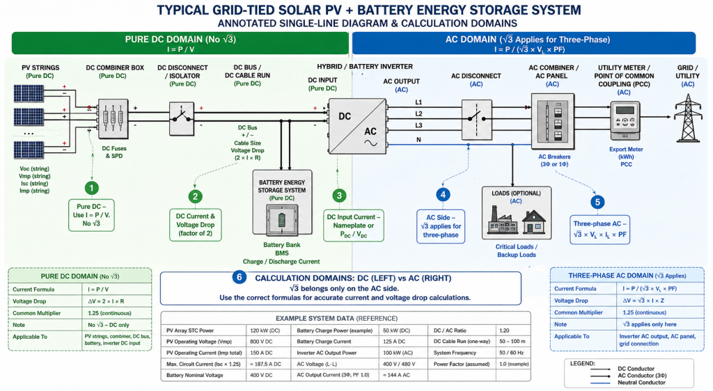 Annotated diagram comparing DC and three-phase AC circuits, formulas, voltage drop, and current calculations in a solar-plus-BESS system.