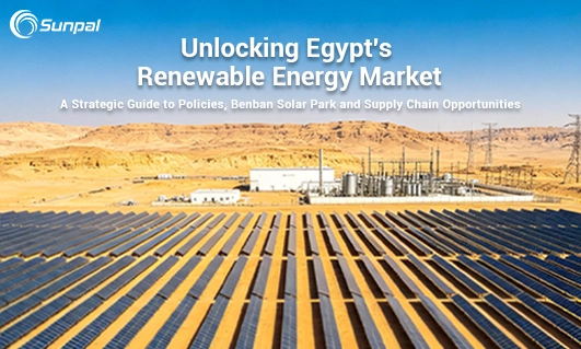Solar panels and power infrastructure in Egypt’s desert landscape.