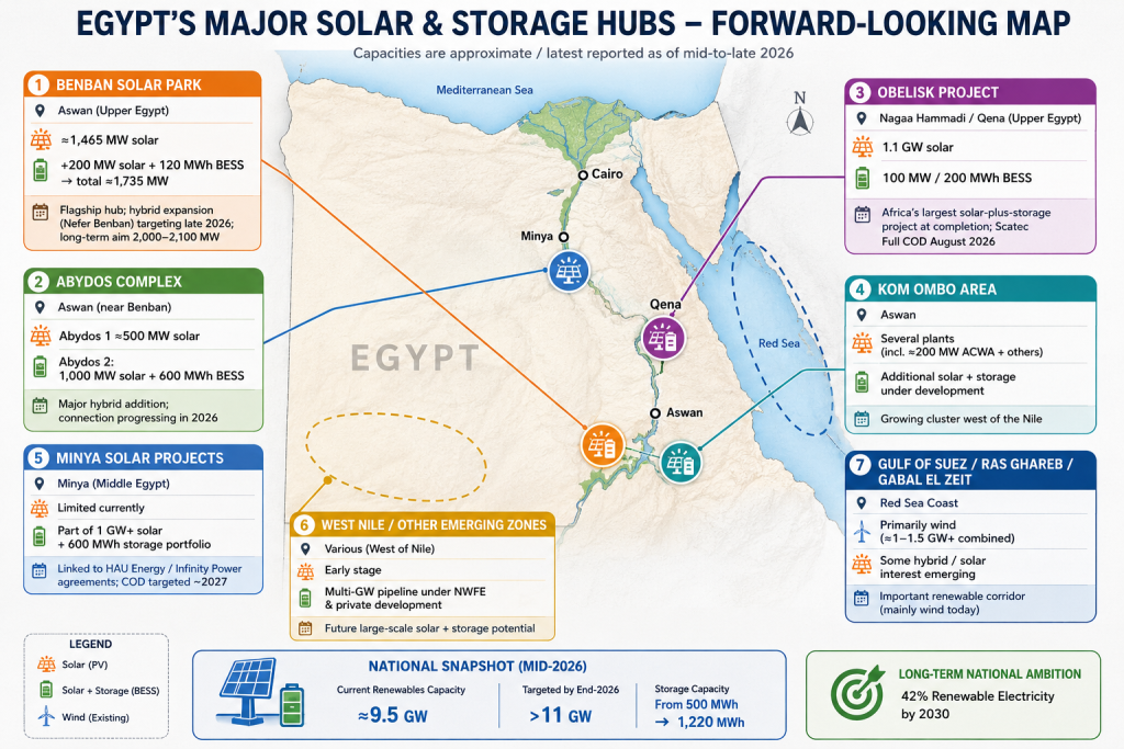 Map highlighting Egypt’s major solar, battery storage, and wind energy projects.