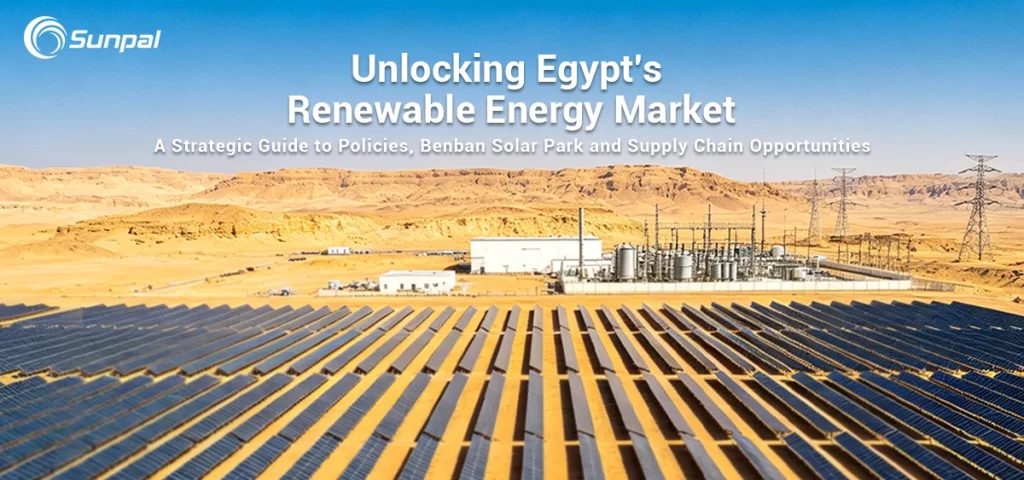 Large-scale solar arrays near a power substation in Egypt.