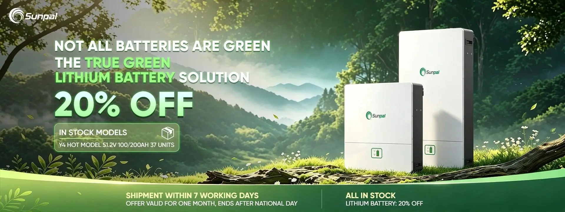 Sunpal Y4 51.2V 100Ah and 200Ah true green lithium battery solutions in a forest setting, featuring in-stock models with a 20% off promotion.